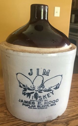 Antique Stoneware Whiskey Sign Crock Jim James R Hogg Poplar Bluff Mo