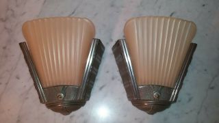Rare Pair Art Deco American Wall Sconces Gray Metal Frosted Pink Shades Signed