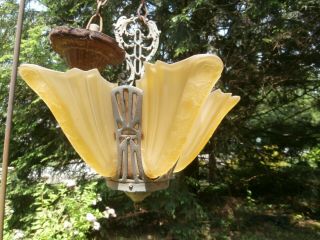 Antique ART DECO SLIP SHADE 5 LIGHT CEILING CHANDELIER HANGING FIXTURE 4