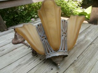 Antique ART DECO SLIP SHADE 5 LIGHT CEILING CHANDELIER HANGING FIXTURE 8