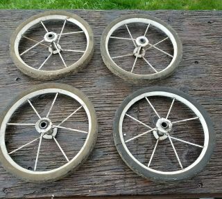 4 Vintage Metal Spoke Buggy Wagon Stroller Carriage Hard Rubber Wheels 8 1/4 