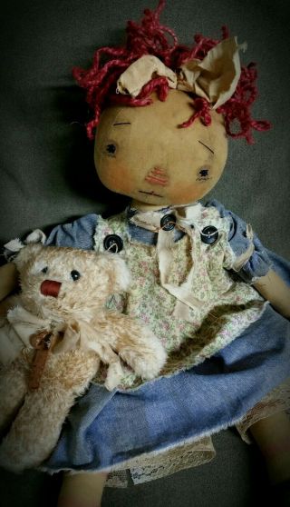 Primitive Folk Art Grungy Raggedy Ann Doll & Her Bear/19 " /swivel Head/stained