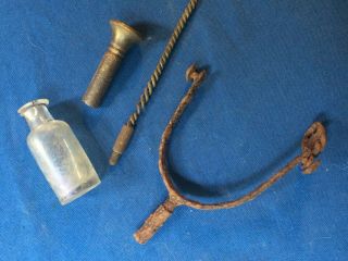 Civil War Relics Spur,  Brass Mouthpiece & Glass Bottle