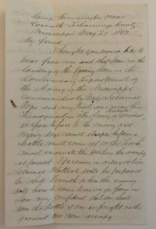1862 Civil War Letter Battle Of Corinth Ms General Popes Army Of The Mississippi