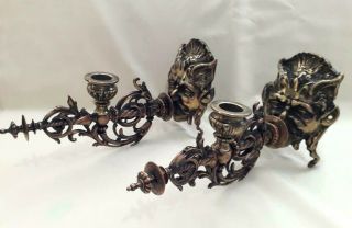 Old Set Chiselled Bronze Victorian Devil Demon Heads Blowing Candle Wall Sconces