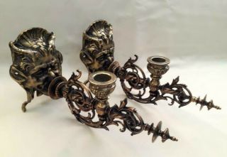 OLD SET CHISELLED BRONZE VICTORIAN DEVIL DEMON HEADS BLOWING CANDLE WALL SCONCES 2