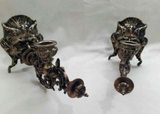 OLD SET CHISELLED BRONZE VICTORIAN DEVIL DEMON HEADS BLOWING CANDLE WALL SCONCES 3