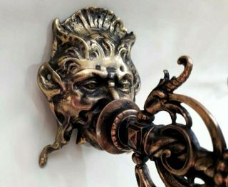 OLD SET CHISELLED BRONZE VICTORIAN DEVIL DEMON HEADS BLOWING CANDLE WALL SCONCES 4