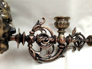 OLD SET CHISELLED BRONZE VICTORIAN DEVIL DEMON HEADS BLOWING CANDLE WALL SCONCES 5
