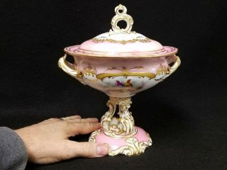 Antique Old Paris Porcelain Covered Compote Candy Dish Hand Painted Birds