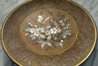 Rare 19thc Bronze Aesthetic Inlaid Mother Of Pearl Decorative Plate J.  P Kayser