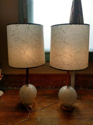 Pair Geometric Wood Glass Table Lamps Vintage Mid Century Mcm With Shades White