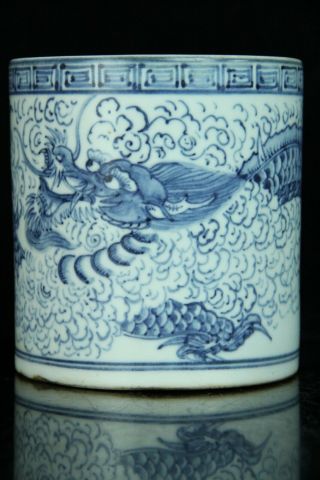 May176 Korean Blue&white Porcelain Brush Pot Hitto Dragon Design