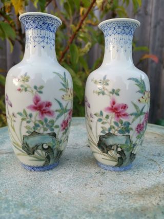 Estate Old House Chinese Antique Qing Enamel 2x Vases Marked Asian China