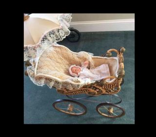 Vintage Wooden Wicker Baby Doll Carriage Stroller With Lace Top