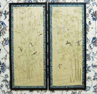 (2) Antique Pair Chinese Silk Embroidery Panel Bamboo Birds Qing Dynasty China
