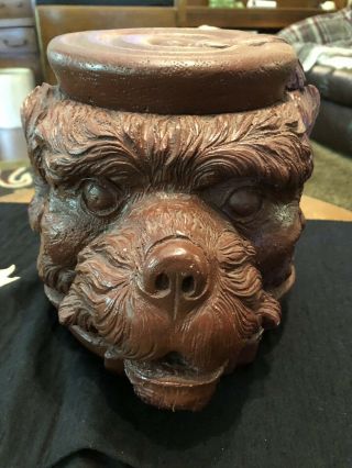 Black Forest Tobacco Jar Antique Large Dog Head Signed