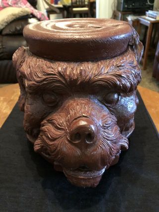 Black Forest Tobacco Jar Antique Large Dog Head Signed 6