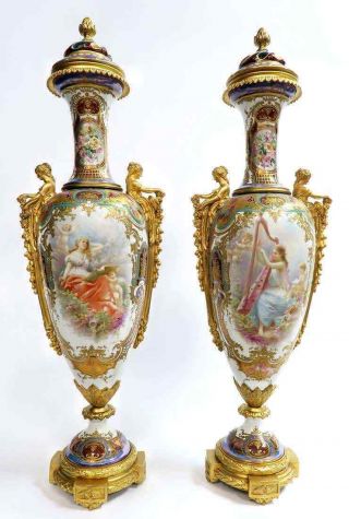 Bohemian 19th C.  Monumental Antique Bronze Mounted Sevres Vases 3