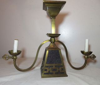 Antique Arts & Crafts Brass Stained Cranberry Glass Chandelier Ceiling Fixture