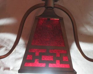 antique Arts & Crafts brass stained cranberry glass chandelier ceiling fixture 7