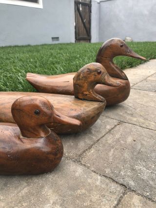 Antique Three Primitive Wood Carved Decoy Ducks Signed 2