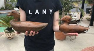 Antique Three Primitive Wood Carved Decoy Ducks Signed 3