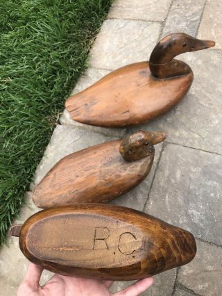 Antique Three Primitive Wood Carved Decoy Ducks Signed 4