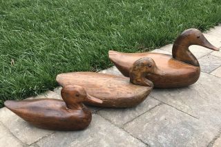 Antique Three Primitive Wood Carved Decoy Ducks Signed 7