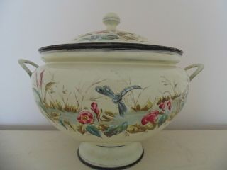 Antique French Victorian Enamel Ware Enamelware Soup Tureen Pot Swan Dragonfly