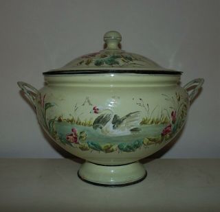 Antique French Victorian Enamel Ware Enamelware Soup Tureen Pot Swan Dragonfly 3