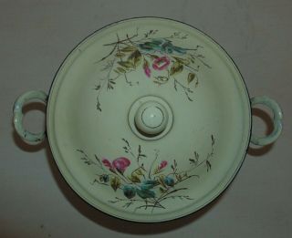 Antique French Victorian Enamel Ware Enamelware Soup Tureen Pot Swan Dragonfly 5
