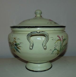 Antique French Victorian Enamel Ware Enamelware Soup Tureen Pot Swan Dragonfly 6