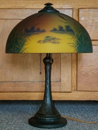 Vtg Antique Arts & Crafts Nouveau Charles Parker Co.  Reverse Painted Glass Lamp