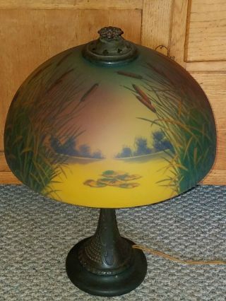 VTG ANTIQUE ARTS & CRAFTS NOUVEAU CHARLES PARKER CO.  REVERSE PAINTED GLASS LAMP 2