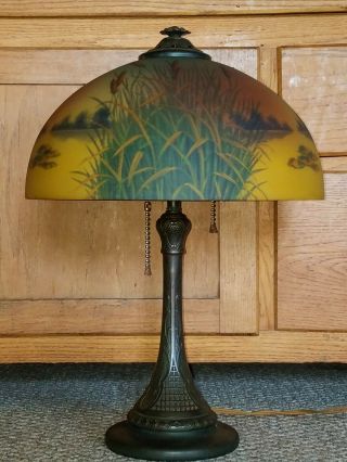 VTG ANTIQUE ARTS & CRAFTS NOUVEAU CHARLES PARKER CO.  REVERSE PAINTED GLASS LAMP 3