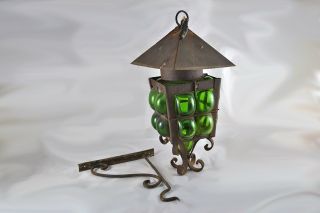 Vintage Gothic Cast Iron Arts & Crafts Bungalow Green Bubble Glass Porch Light