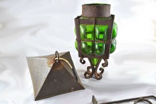 Vintage Gothic Cast Iron Arts & Crafts Bungalow Green Bubble Glass Porch Light 8