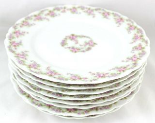 ANTIQUE SET 8 DINNER PLATES ELITE LIMOGES FRANCE CHINA PINK ROSE EMBOSSED WHITE 5