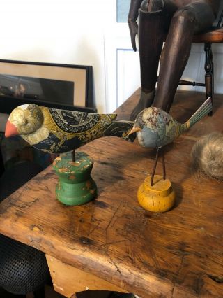 Antique/vintage Tin Birds On Wood Pedestal Stand 10