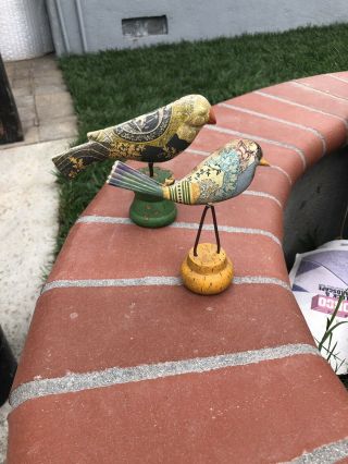 Antique/vintage Tin Birds On Wood Pedestal Stand 2