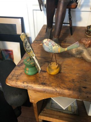 Antique/vintage Tin Birds On Wood Pedestal Stand 9