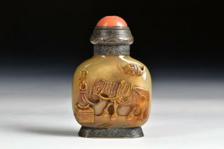 Chinese Carved Agate Snuff Bottle Table Lighter With Horse & Bat