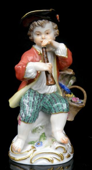 Meissen Antique Figurine Young Boy Playing The Flut