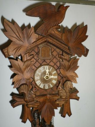Stunning German Black Forest Dancing Squirrels Deeply Hand Carved Cuckoo Clock