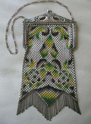 Antique Art Nouveau Deco Silver Frame Green Yellow Black Enamel Chain Mail Purse