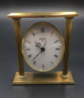 Vintage Swiza Swiss Made 8 Day Carriage Mantle Alarm Gold Tone Clock Fine.