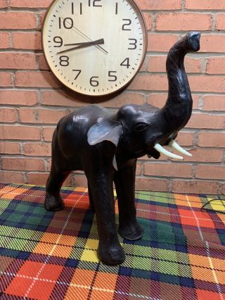 Vintage Large Leather Skinned Elephant With Glass Eyes