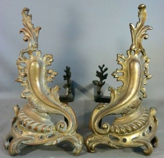 (2) Antique 19thc French Brass Old Louis Xv Style Victorian Fireplace Andirons