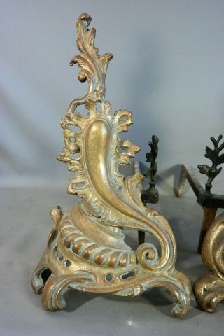 (2) Antique 19thC FRENCH BRASS Old LOUIS XV Style VICTORIAN Fireplace ANDIRONS 2